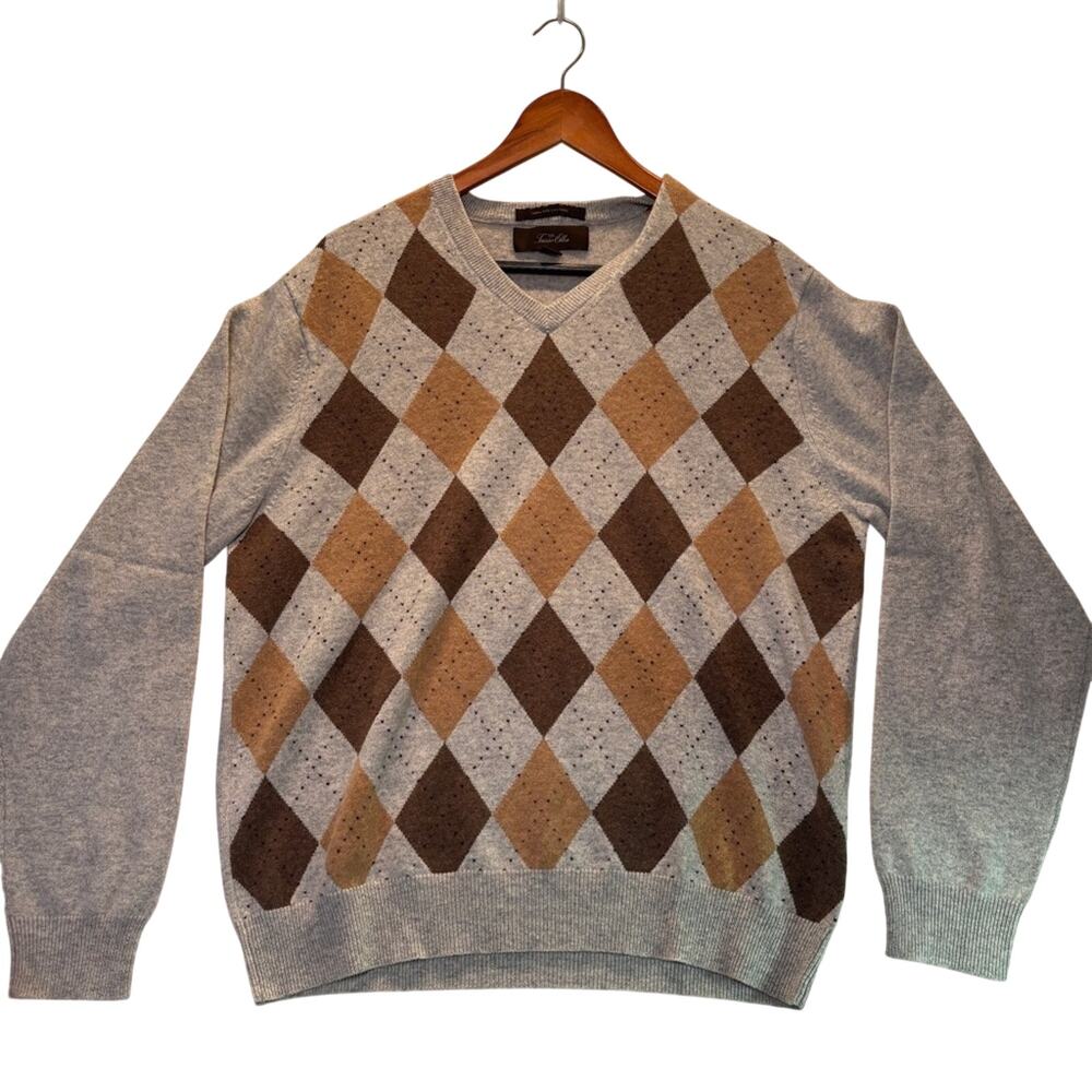 Tasso Elba 100% Cashmere Argyle Sweater Gray Tan Brown Men’s M Fall